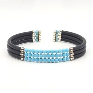 Turquoise Beaded Cuff Bracelet Silver Accents Black Rigid‎ Cord
